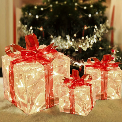 Set Of 3 Christmas Lighted Gift Boxes, Transparent Warm White Lighted Christmas Box Decrations, Presents Boxes With Red Bows For Christmas Tree, Yard, Home, Christmas Outdoor Decorations